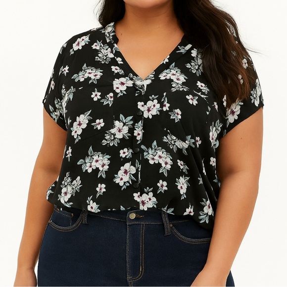 Torrid Black Floral Cap Sleeve Blouse- Large - Picture 1 of 4